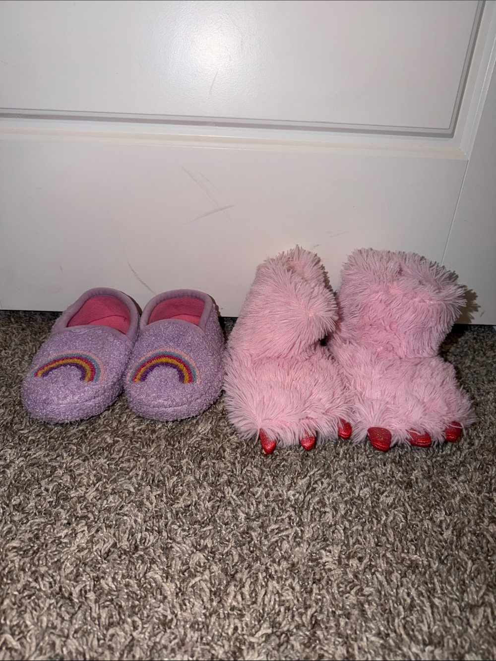 Kids Fuzzy Slippers Pair - Purple Rainbow & Pink Monster Claws